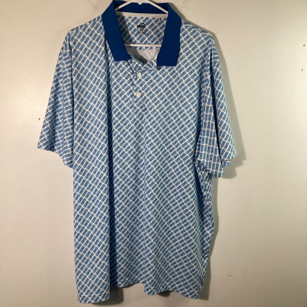 Mens Puma Golf Polo Short Sleeve Pineapple Graphic 2XL Blue White Polyester Elas